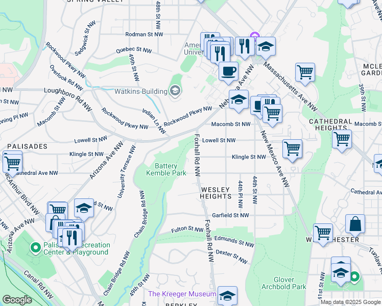 map of restaurants, bars, coffee shops, grocery stores, and more near 3100 Foxhall Road Northwest in Washington