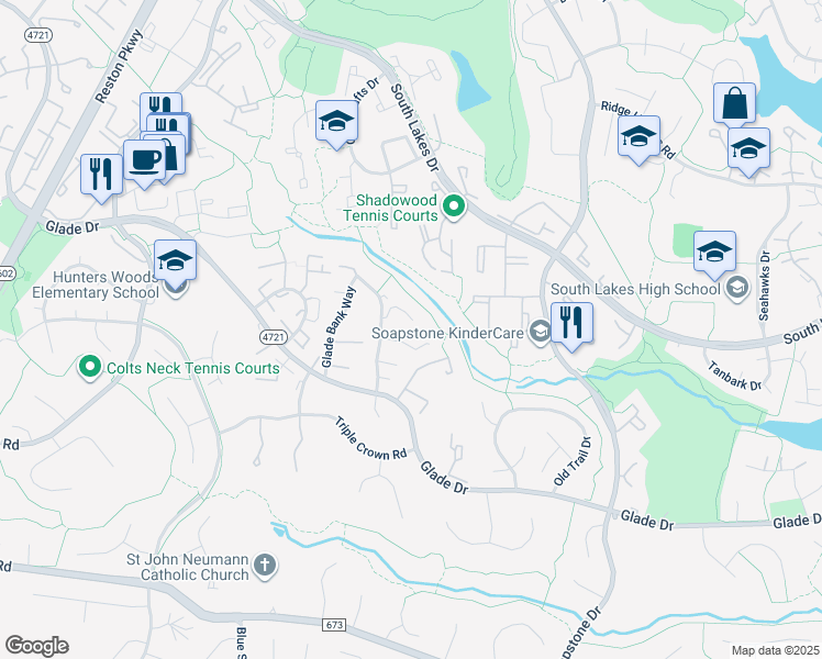 map of restaurants, bars, coffee shops, grocery stores, and more near 11700 Mossy Creek Lane in Reston