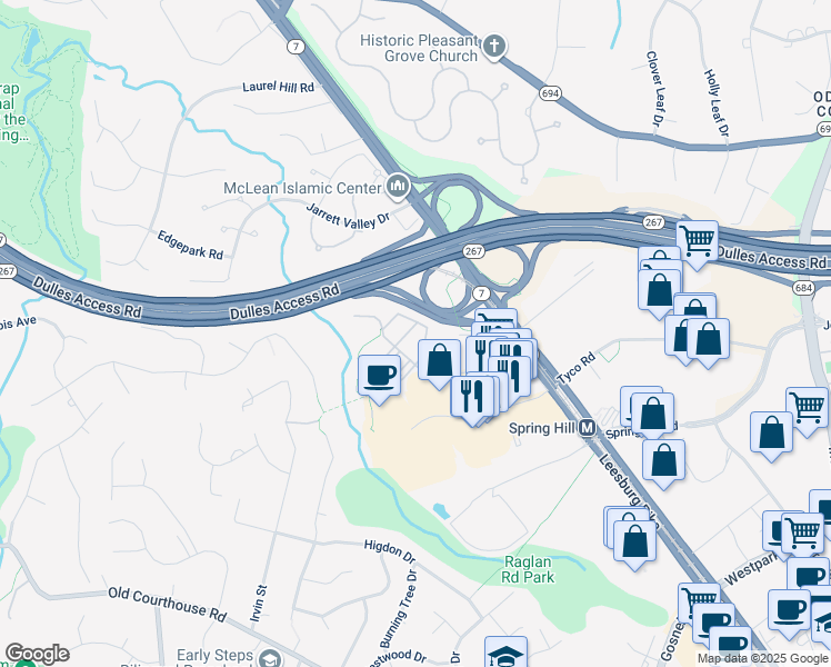 map of restaurants, bars, coffee shops, grocery stores, and more near 1581 Leeds Castle Drive in Vienna
