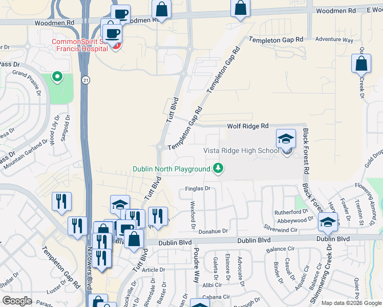 map of restaurants, bars, coffee shops, grocery stores, and more near 6788 Edmondstown Drive in Colorado Springs