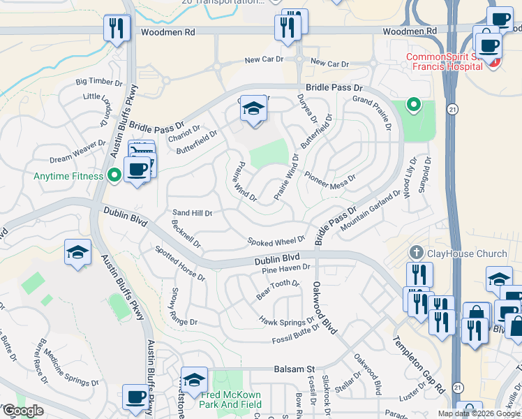 map of restaurants, bars, coffee shops, grocery stores, and more near 5180 Sand Hill Drive in Colorado Springs