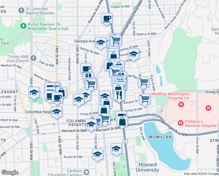 map of restaurants, bars, coffee shops, grocery stores, and more near 101 Independence Avenue Southeast in Washington