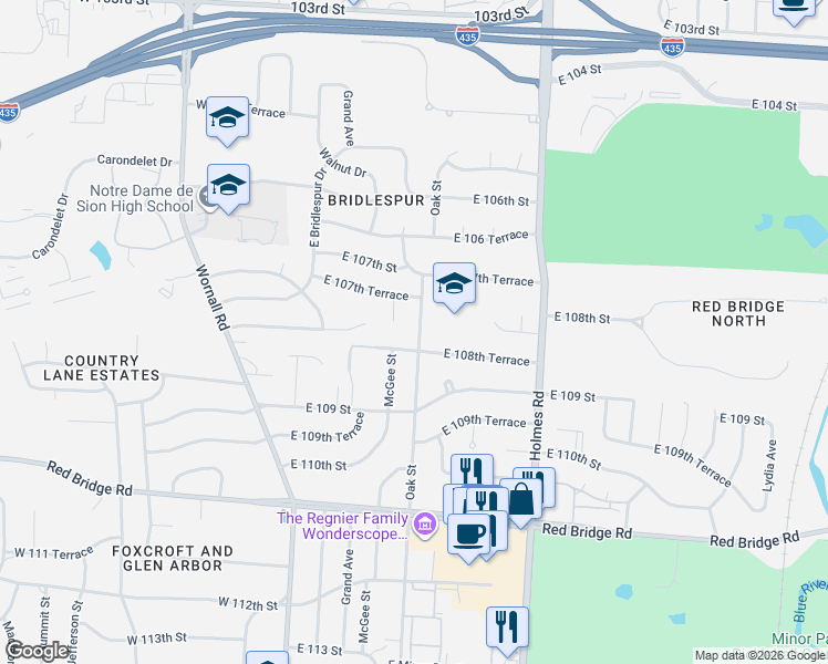 map of restaurants, bars, coffee shops, grocery stores, and more near 10809 McGee Street in Kansas City