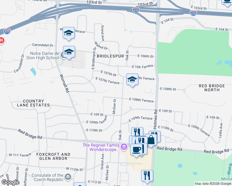 map of restaurants, bars, coffee shops, grocery stores, and more near 10809 McGee Street in Kansas City