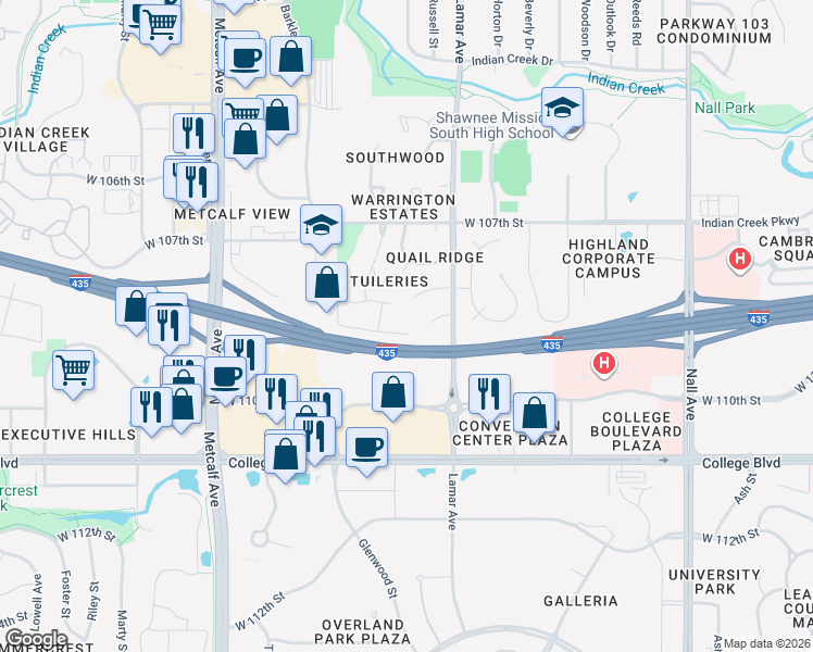 map of restaurants, bars, coffee shops, grocery stores, and more near 311 West 109th Street in Overland Park