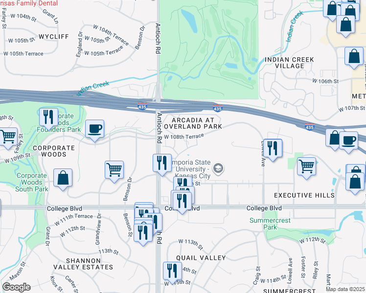 map of restaurants, bars, coffee shops, grocery stores, and more near 8601 West 108th Place in Overland Park