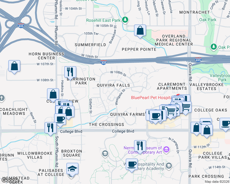 map of restaurants, bars, coffee shops, grocery stores, and more near 10995 Rosehill Road in Overland Park
