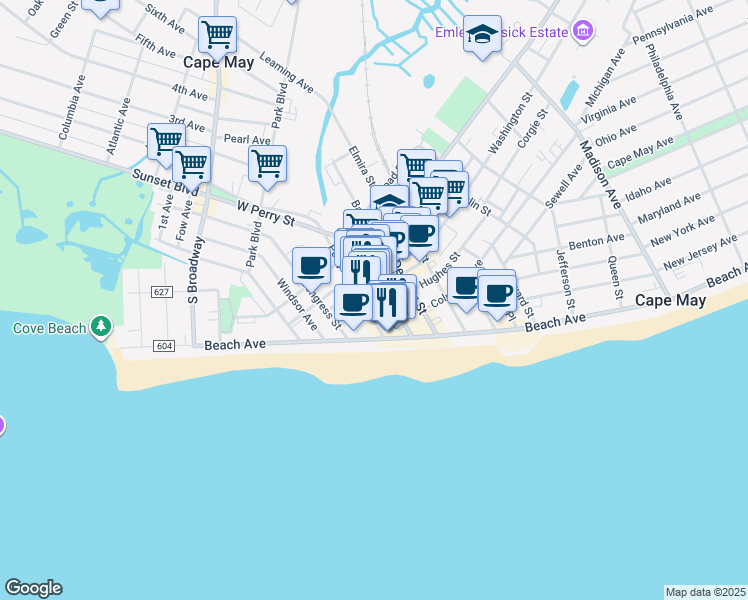 map of restaurants, bars, coffee shops, grocery stores, and more near 31 Perry Street in Cape May