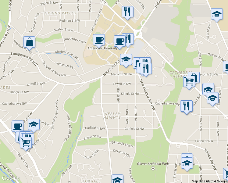 map of restaurants, bars, coffee shops, grocery stores, and more near 4507 Klingle Street Northwest in Washington