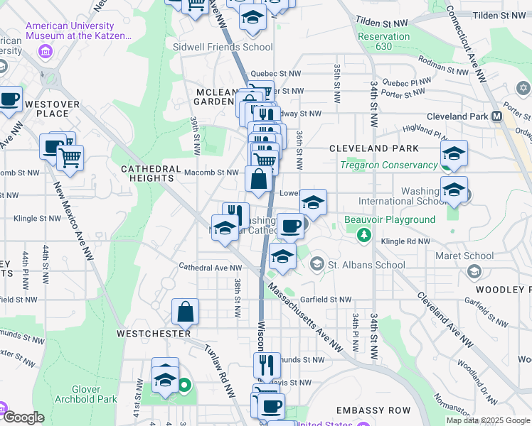 map of restaurants, bars, coffee shops, grocery stores, and more near 3140 Wisconsin Avenue in Washington