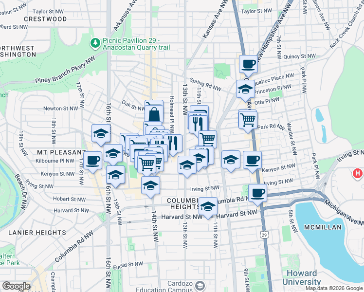 map of restaurants, bars, coffee shops, grocery stores, and more near 101 Independence Avenue Southeast in Washington