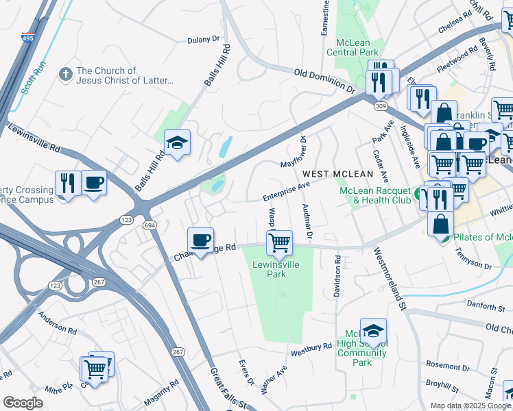 map of restaurants, bars, coffee shops, grocery stores, and more near 7115 Enterprise Avenue in McLean