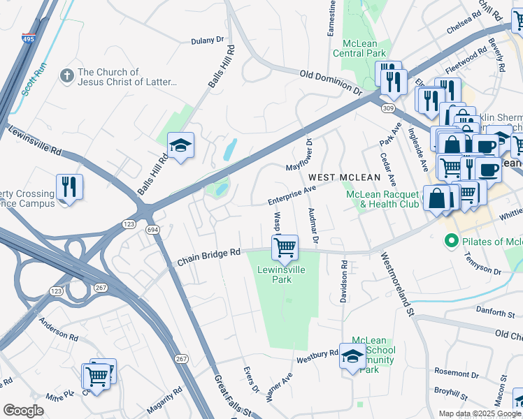 map of restaurants, bars, coffee shops, grocery stores, and more near 7115 Enterprise Avenue in McLean
