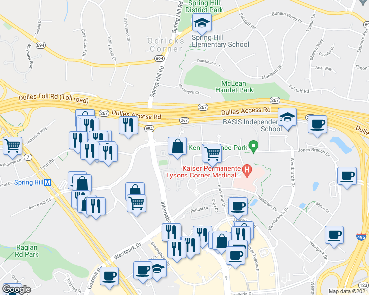 map of restaurants, bars, coffee shops, grocery stores, and more near 1536 Lincoln Way in McLean