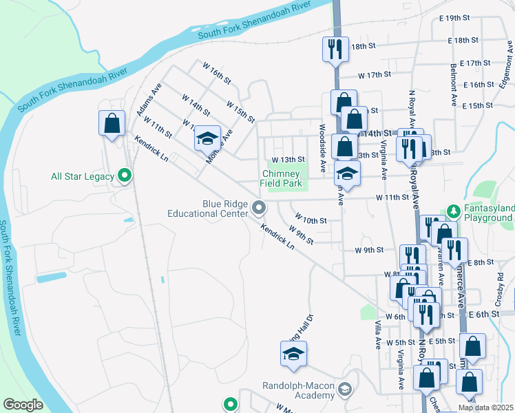 map of restaurants, bars, coffee shops, grocery stores, and more near 612 Massanutten Avenue in Front Royal