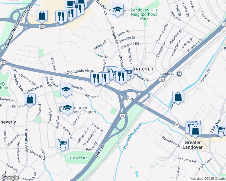 map of restaurants, bars, coffee shops, grocery stores, and more near 6509 Landover Road in Cheverly