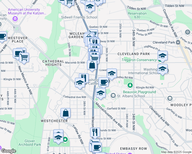 map of restaurants, bars, coffee shops, grocery stores, and more near 3140 Wisconsin Avenue in Washington