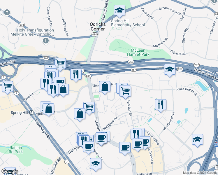 map of restaurants, bars, coffee shops, grocery stores, and more near 1536 Lincoln Way in McLean