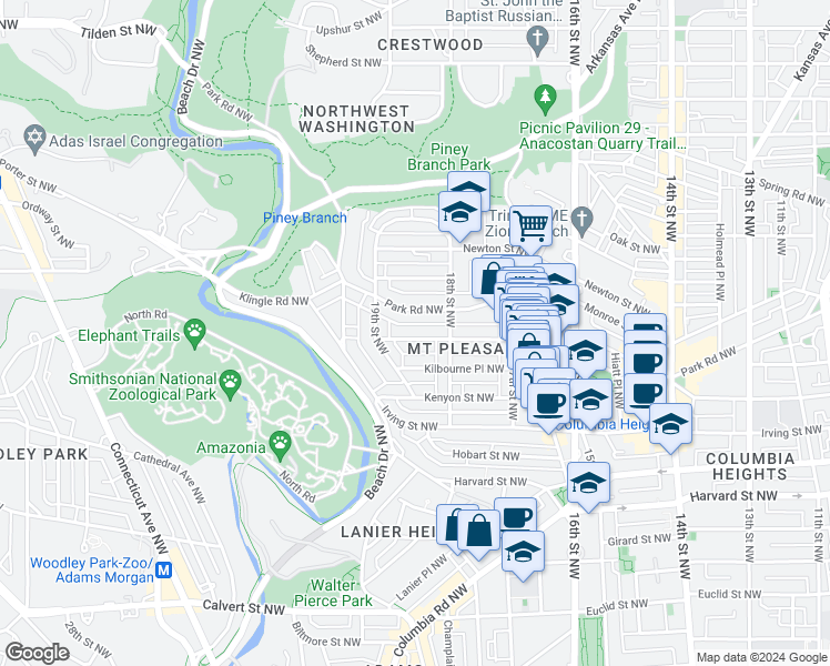 map of restaurants, bars, coffee shops, grocery stores, and more near 1835 Lamont Street Northwest in Washington