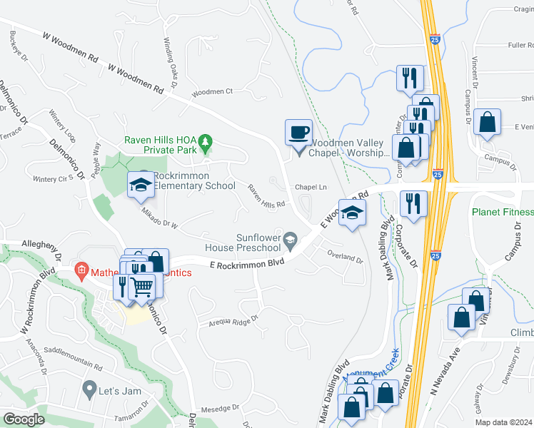 map of restaurants, bars, coffee shops, grocery stores, and more near 235 Raven Hills Road in Colorado Springs