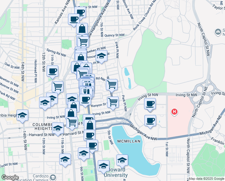 map of restaurants, bars, coffee shops, grocery stores, and more near 438 Luray Place Northwest in Washington