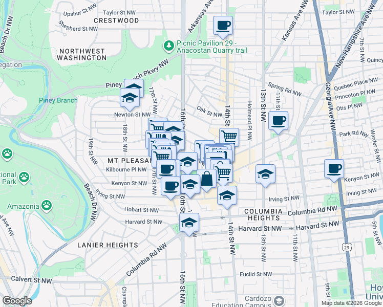 map of restaurants, bars, coffee shops, grocery stores, and more near 1512 Park Road Northwest in Washington