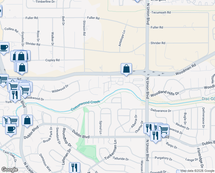 map of restaurants, bars, coffee shops, grocery stores, and more near 6985 Los Reyes Circle in Colorado Springs