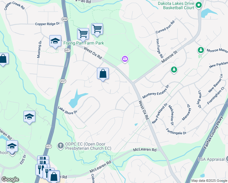 map of restaurants, bars, coffee shops, grocery stores, and more near 13355 Point Rider Lane in Herndon