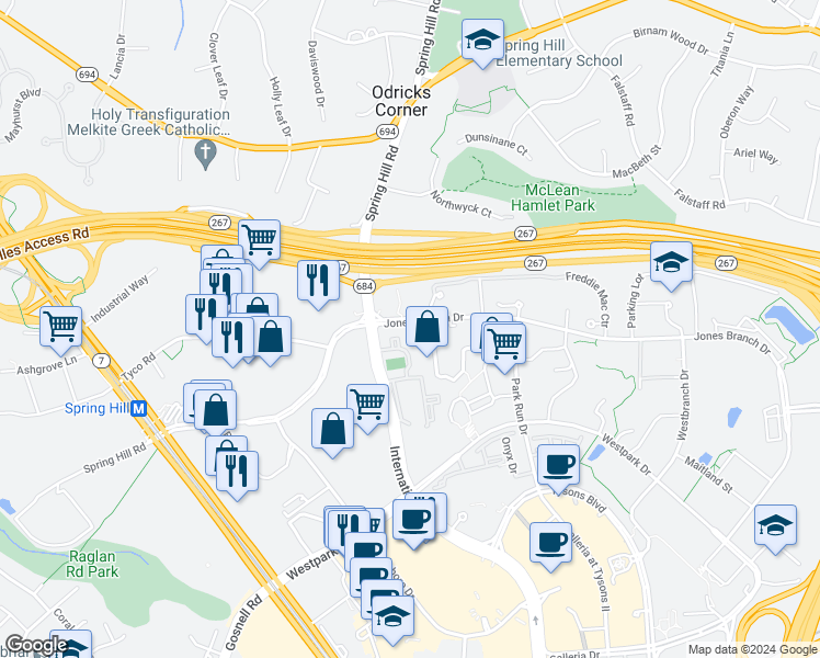 map of restaurants, bars, coffee shops, grocery stores, and more near 1541 Lincoln Way in McLean