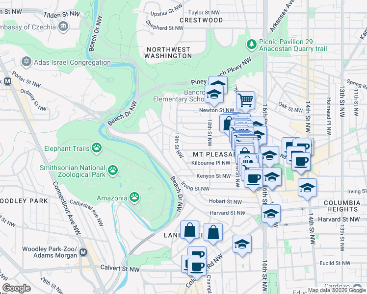 map of restaurants, bars, coffee shops, grocery stores, and more near 1857 Lamont Street Northwest in Washington
