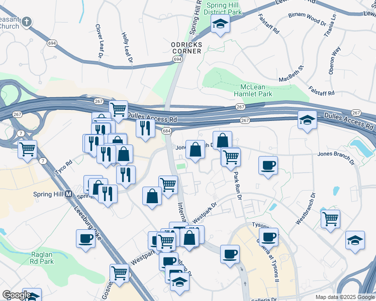 map of restaurants, bars, coffee shops, grocery stores, and more near 1541 Lincoln Way in McLean
