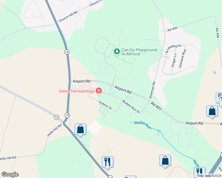 map of restaurants, bars, coffee shops, grocery stores, and more near Brent Jordan Way in Milford