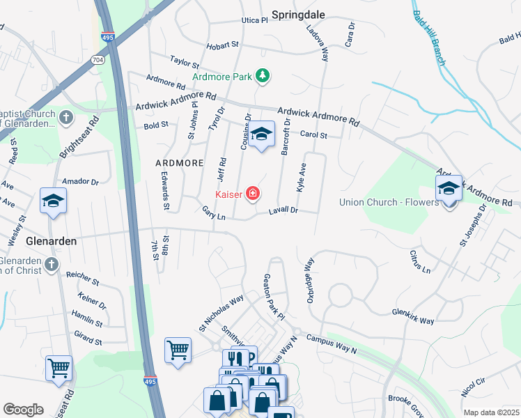 map of restaurants, bars, coffee shops, grocery stores, and more near 3101 Lavall Court in Glenarden