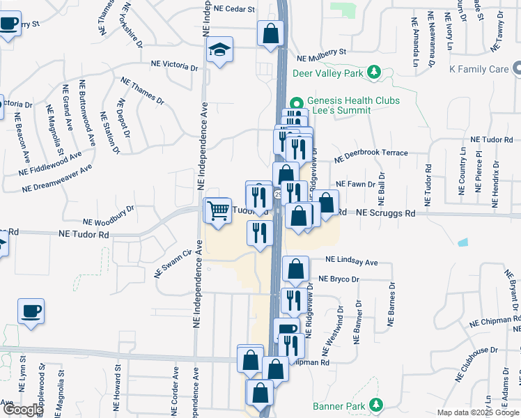map of restaurants, bars, coffee shops, grocery stores, and more near Northeast Tudor Road in Lee's Summit