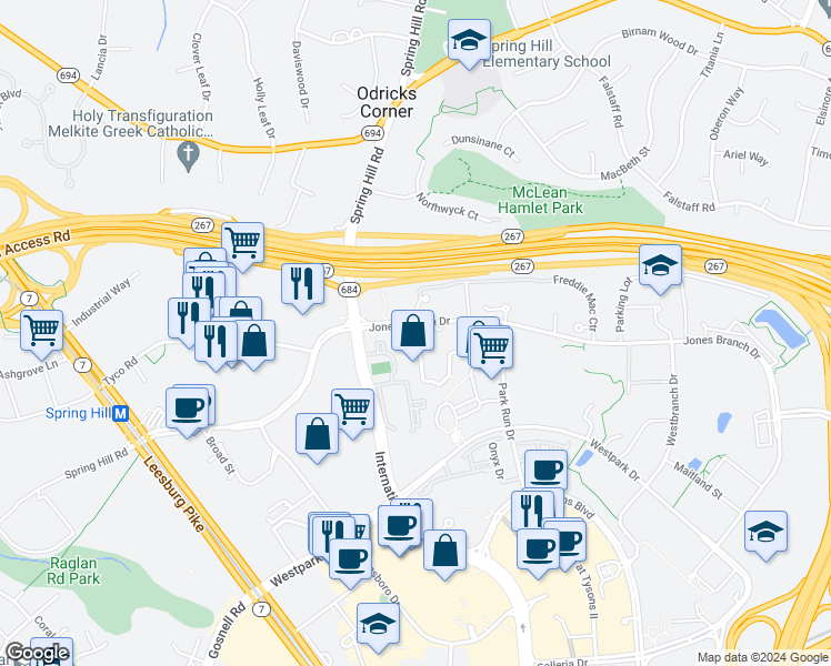 map of restaurants, bars, coffee shops, grocery stores, and more near 1540 Lincoln Way in McLean