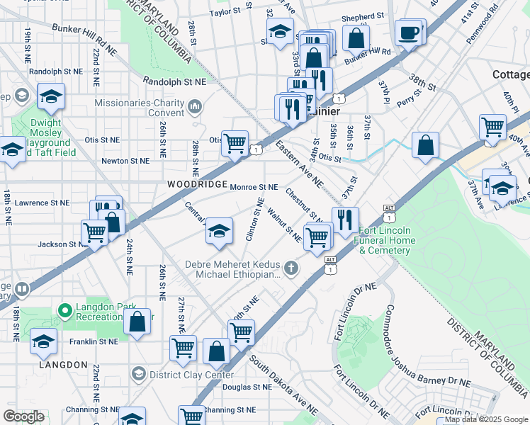 map of restaurants, bars, coffee shops, grocery stores, and more near 3240 Walnut Street Northeast in Washington