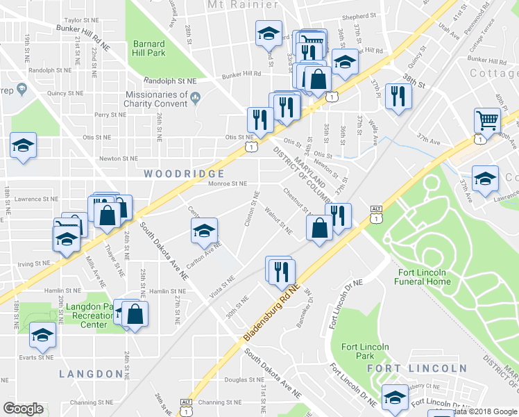 map of restaurants, bars, coffee shops, grocery stores, and more near 3240 Walnut Street Northeast in Washington