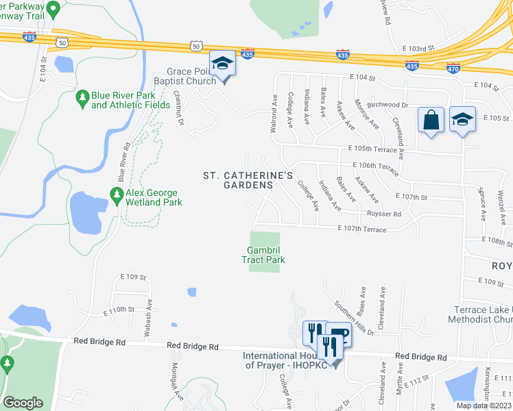 map of restaurants, bars, coffee shops, grocery stores, and more near 10704 Saint Catherines Lane in Kansas City