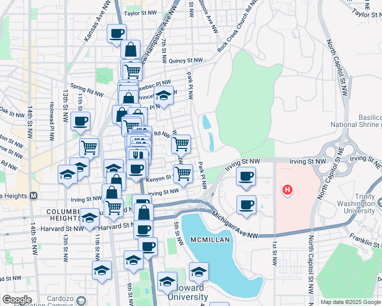 map of restaurants, bars, coffee shops, grocery stores, and more near 418 Luray Place Northwest in Washington