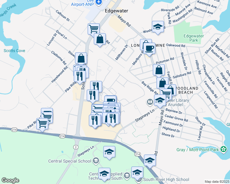 map of restaurants, bars, coffee shops, grocery stores, and more near 247 Night Haven Court in Edgewater