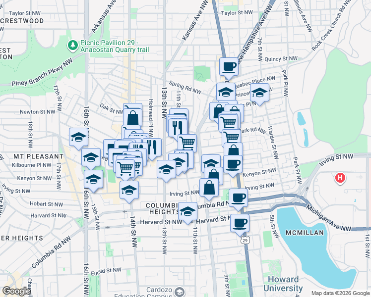 map of restaurants, bars, coffee shops, grocery stores, and more near 101 Independence Avenue Southeast in Washington