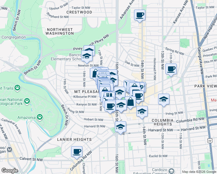 map of restaurants, bars, coffee shops, grocery stores, and more near 1630 Park Road Northwest in Washington