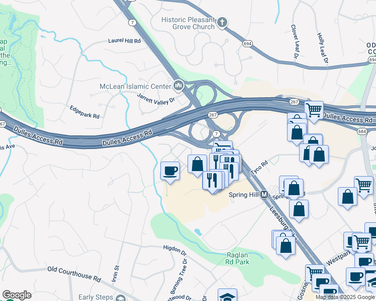 map of restaurants, bars, coffee shops, grocery stores, and more near 1571 Leeds Castle Drive in Vienna