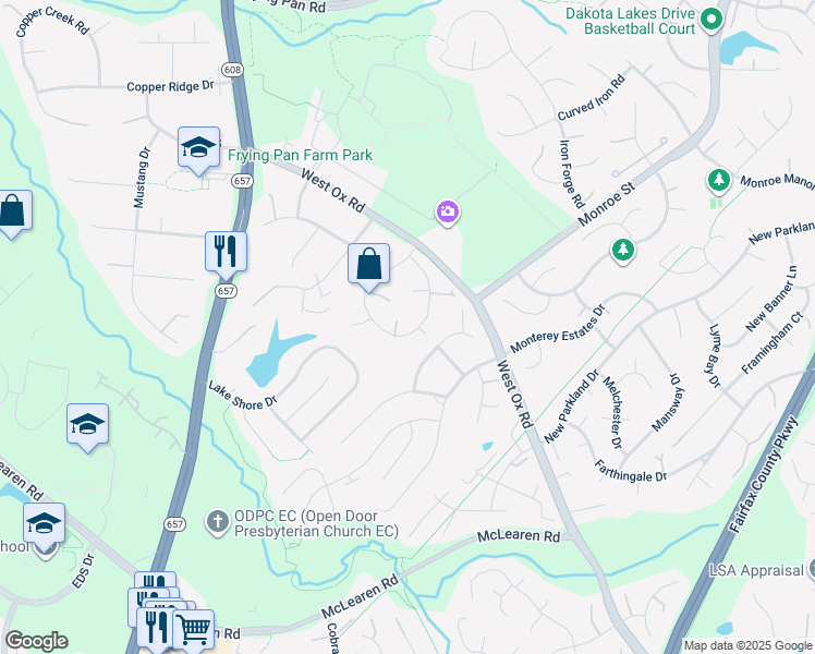 map of restaurants, bars, coffee shops, grocery stores, and more near 13355 Point Rider Lane in Herndon