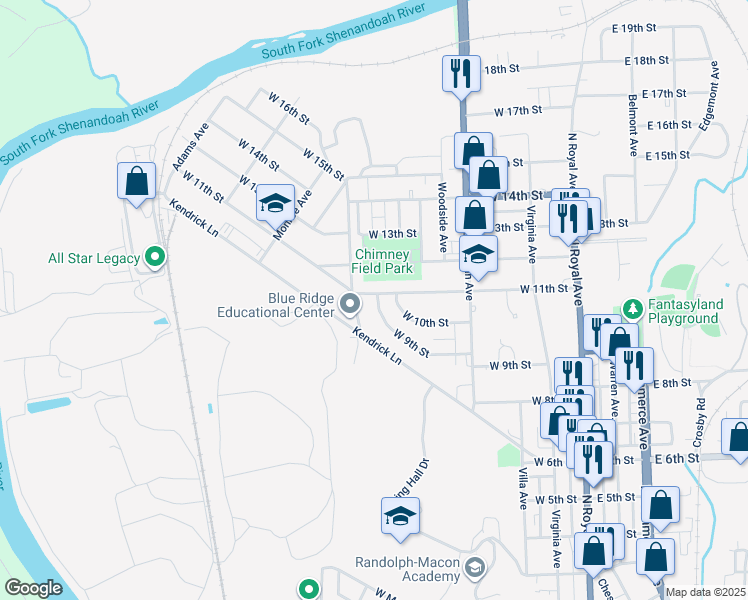 map of restaurants, bars, coffee shops, grocery stores, and more near 376 West 11th Street in Front Royal