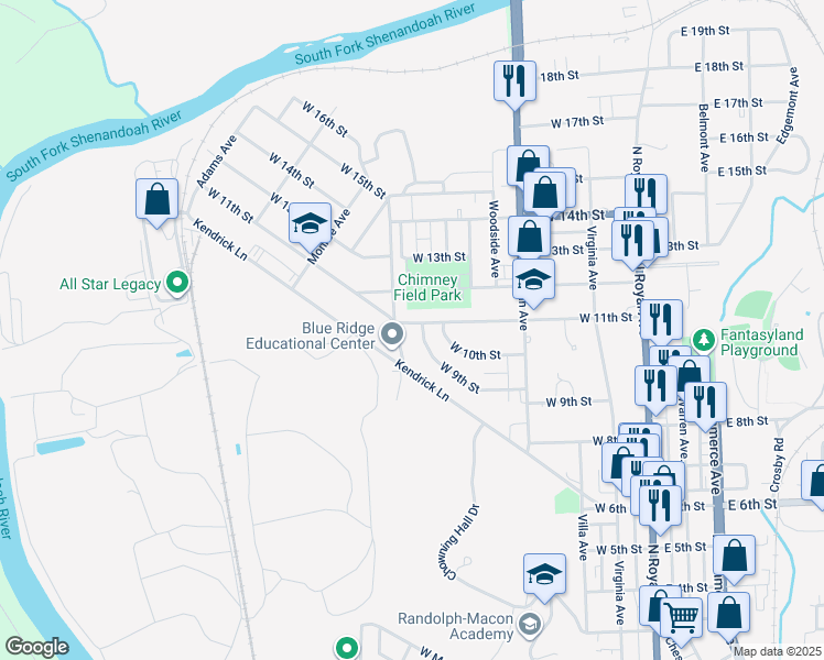 map of restaurants, bars, coffee shops, grocery stores, and more near 378 West 11th Street in Front Royal