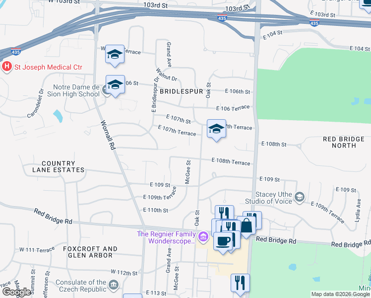 map of restaurants, bars, coffee shops, grocery stores, and more near 10809 McGee Street in Kansas City