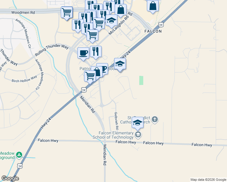 map of restaurants, bars, coffee shops, grocery stores, and more near 6739 Gelbvieh Road in Peyton