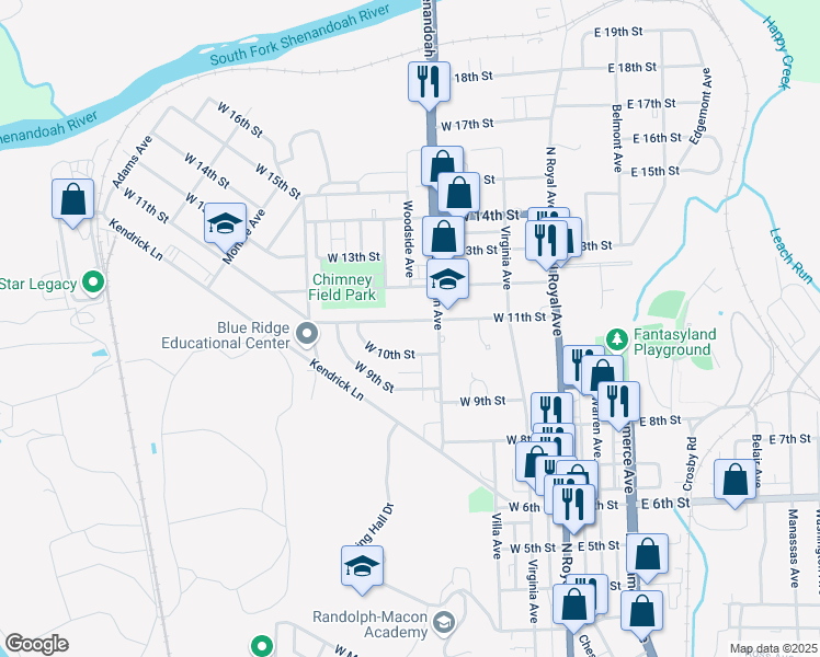map of restaurants, bars, coffee shops, grocery stores, and more near 326 West 11th Street in Front Royal