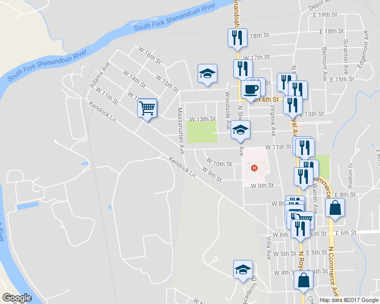 map of restaurants, bars, coffee shops, grocery stores, and more near 378 West 11th Street in Front Royal
